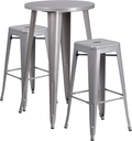 Flash Furniture Commercial Grade 24" Round Silver Metal Indoor-Outdoor Bar Table Set with 2 Square Seat Backless Stools