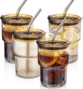 4 Packs Glass Tumbler with Lid and Straw 13 oz Cute Ice Coffee Cup Set for Smoothie Juice Matcha Tea Latte Cappuccino Espresso Hot Coffe Water Reusable Clear Travel Boba Small Drinking Mug