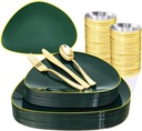 DaYammi 180Pcs Green Plastic Plates, Green Gold Disposable Plates with Gold Silverware Dinnerware Set Include: 30 Dinner Plate,30 Dessert Plate,90 Plastic Cutlery,30 Cups for Party or Holiday parties