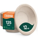 Stack Man Paper Bowls, 100% Compostable Disposable Soup Bowl [125-Pack] 12 oz. Heavy Duty, Eco-Friendly, Biodegradable Bagasse Hot Food Plates and Bowls - Natural Brown (BPI Certified) (PFAS-Free)