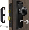 Antique Interior Door Knobs Mortise Lock Set with Skeleton Key Locks, Vintage Door Hardware Parts Fit 1-3/8" -1-3/4" Thick Doors, 2-3/8" Backset, Reversible Latch, Matte Black, 2 Pack