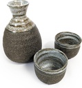 Sand Grey Design, Japanese Traditional Ceramic SAKE 3 items Set. 1 Bottle and 2 cups with a gift box. Made in Japan
