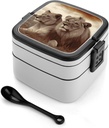 African Lion And Lioness Bento Box with Compartments Double Layer Bento Lunch Box with Spoon And Handle All-in-One Adult Lunchbox Leakproof Lunch Container for Work Picnic Travel