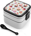 Bento Box Stackable Lunch Box with 2 Compartments Leak-Proof Food Storage Containers Cupcake Pattern Bento Lunch Box for Adults Lunch Containers with Utensil Set