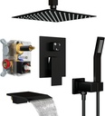 Shower Faucet Set with Tub Spout, Ceiling Mount Shower System with 10 Inch Rain Showerhead and Tub Spout, High-Pressure Showerhead Combo Set Included Valve and Trim, Matte Black
