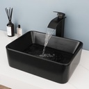 16 Inch Bathroom Vessel Sink with Waterfall Faucet and Pop-up Drain Combo,Black Ceramic Sink Bowl Above Counter Rectangular Bathroom Sink Basin