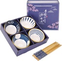 VanEnjoy Set of 4 Japanese Style Ceramic Rice Bowl with Chopsticks in Gift Box,Vintage Blue Hand Painted Pattern Bowls Set,Underglazed Dinnerware,For Dessert Snack Cereal Soup