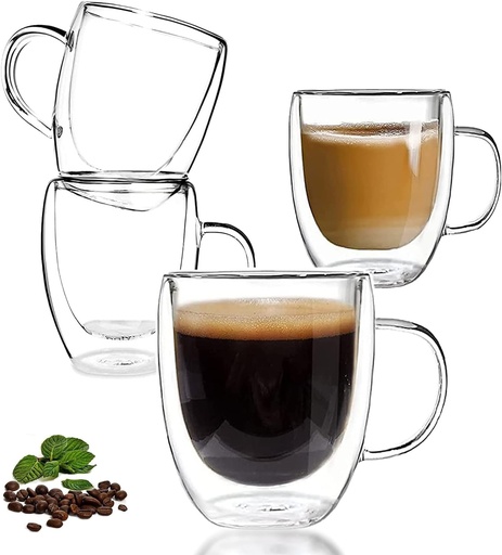 [BRSROYL7DECRAYI2] Double Wall Glass Coffee Mug, 12 oz Clear Insulated Tea Cup Set of 4, Drinking Cups With Handle for Cold/Hot Drinks, Latte, Cappuccino, Espresso