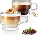 glastal 12 oz Latte Macchiato Glasses, Double-Walled Coffee Glasses, Set of 2, Glass Stackable Coffee Cups, Tea Glasses with Handle for Cappuccino, Tea, Milk, Gifts for Women Friends New Home Gift
