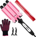 3 Barrel Curling Iron - 1" Professional Ceramic Hair Crimper with Dual Voltage & 2 Temperature Settings | 25mm Triple Barrel Waves Wand for Fast Heating Styling | Pink