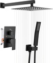 GGStudy Black Shower Faucet Shower Trim Kit with Rough-in Valve Shower Set Bath Rainfall Shower Faucet System 8 inch Square Stainless Steel Metal Shower Heads with Handheld Spray
