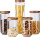Glass Storage Jars with Wood Lid [Set of 5], Airtight Food Containers Stackable for Coffee Beans| Nuts| Pasta