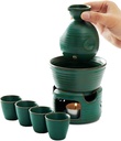 Sake Set Sake Set Cups 7 Pieces Sake Set with Warmer Pot and Candle Stove Ceramic Malachite Green Wine Glasses Set for Cold Sake Warm Sake Shochu and Tea