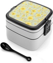 Yellow Flower Bento Box Double Layer Lunch Box for Adults with Spoon And Handle Stackable Lunchbox Leakproof Lunch Container for Work Picnic Travel