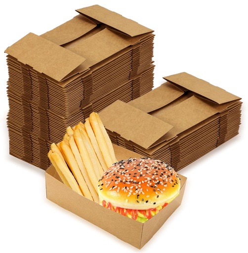 100 Pack Disposable Paper Trays, Rectangular Kraft Containers, Foldable Food Boxes, 4 Corner Pop Up Cardboard Trays for Fast Food, Nacho, Snack, Stadiums, Theaters, Brown