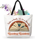Reading Rainbow Canvas Tote Bag, Book Lover Gifts, Reusable Grocery Shopping Bag, Book Club Black Shoulder Tote Bag, Gifts For Women Reader Bookish Bookworm Book Nerd Friends, B06