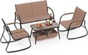 Tangkula 4 Pieces Patio Furniture Set with 2 Rocking Bistro Chairs, Outdoor Conversation Set with 2-Tier Coffee Table and Breathable Fabric Chairs for Porch, Garden, Lawn and Backyard (Brown)