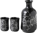 Asayu Japan Japanese Sake Set, Sakura Cherry Blossom Design, 1 Tokkuri Bottle with 2 Ceramic Cups, Black, Made in Japan Pottery