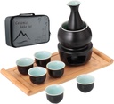 Ceramic Sake Set + Bamboo Tray Warmer Pot, Porcelain Stovetop Hot Saki Drink Bottle, 10pcs Set 1 Stove 1 Warming Bowl 1 Sake Bottle 1 Tray 6 Cup Keep Sake Storage Box (Black)