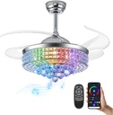 48" Bluetooth Ceiling Fan with Light and Speaker,RGB Retractable Blades Crystal Fandelier Music Player LED Chandelier 6-Speed APP Control Timer Remote Control for Bedroom Silver