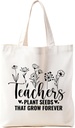 Teacher Appreciation Gifts Canvas Tote Bags, Aesthetic Teacher Gift Reusable Grocery bag，Teachers Plant Seeds That Grow Forever Gifts for Teacher Book Tote Gifts Teacher Tote Bag, White