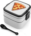Cartoon Pizza Bento Box Adult Lunch Box All-in-One Lunch Containers with Removable Compartments Double Layer Bento Lunch Box with Spoon And Handle Stackable Lunchbox