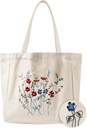 Aesthetic Embroidery Tote Bag for Women - with Magnetic Buckle and Zipper Inner Pocket for Lady Cotton Tote Bag