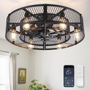 Caged Ceiling Fan with Light: 26 Inch Ceiling Fan with Remote APP Control Quiet DC Motor - Farmhouse Ceiling Fans Plastic Cage for Rustic Kitchen Bedroom (E26 Bulbs Included)