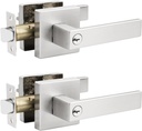 2 Pack Keyed Entry Door Lever, Keyed Alike Door Handle with Lock for Interior/Exterior Use, Satin Nickel Square Lockset for Bedroom, Bathroom, Front Door