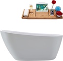 Streamline 59" Freestanding Soaking Bathtub – Glossy White Acrylic Tub with Polished Chrome Internal Drain and Bamboo Tray – Modern Rectangular Design – 70 Gallon Capacity