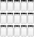 novelinks 16 oz Clear Plastic Jars with Screw-On Lids - BPA-Free Refillable Storage Containers for Slime, Food, Crafts, Kitchen & Household Use (15 Pack,Black)