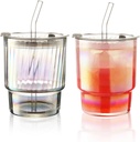 2 Pcs Iridescent Glass Matcha Cup, 13 Oz Cute Design Tumbler Cup with Straw and Lids Suitable for Taking Photos, Reusable Iced Coffee Cup with Stripe Style for Home, Office, Travel and Car