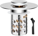 3-in-1 Bathroom Pop-up Sink Drain Strainer, Bathroom Sink Stopper, Detachable Stainless Steel Filter Basket Hair Trap for Hair and Debris, Brass Bounce Core