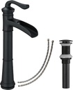 Vessel Sink Faucet Matte Black, Waterfall Vessel Faucet, Tall Bathroom Faucet, Farmhouse Single Hole Single Handle Lavatory Vanity RV with Pop Up Drain Without Overflow