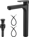 Heyalan Vessel Sink Bathroom Tall Faucet One Hole Single Handle Basin Mixer Tap Lavatory Vanity Brass Pop Up Drain Included Deck Mount Modern Tall Bathroom Faucet,Matte Black