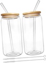 2Sets Transparent Glass Drink Cup Includes Iced Tea Cups Straws Lids and Cleaning Brush Water Cup for Home Office and Cafe Use
