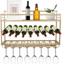 3 Layers Wall Mounted Wine Bottle Stemware Glass Rack, Rustic Metal Wall Mount Shelf Metal Wine Rack Metal Bottle & Glass Holder Elegant Storage for Kitchen, Dining Room, Bar or Wine Cellar (Gold)