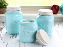 Mason Jar Kitchen Canister Set - Set of 3 Kitchen Canisters - Large, Round Ceramic Sets for Vintage, Rustic, or Farmhouse Look - Storage for Flour, Sugar, Tea, Coffee and More (Blue)
