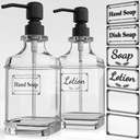 GLADPURE 2 Pack Soap Dispenser, 18 Oz Antique Design Thick Glass Hand Dispensers; with 304 Rust Proof Stainless Steel Pump, 6Pcs Clear Stickers, for Kitchen, Bathroom- Black