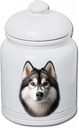 Best of Breed Siberian Husky Grey Dog and Cat Ceramic Treat Jar 9" Tall Air Tight Seal All White