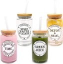 I CUBE Glass Cups with Lids and Straws 4pcs Set 16oz Can Shaped Glass Cups, Smoothie Cup, Green Juice, Water Cup, Detox Drink Cup, Glass Tumbler, Gift 1 Cleaning Brush