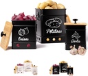 Potato Onion Garlic Storage Set of 3 Ventilated Iron Canisters with Bamboo Lids - Potato and Onion Storage Bin for Pantry - Kitchen Vegetable Storage Containers - Cute Metal Vegetable Bin Set of 3