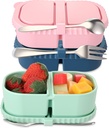 Remerry 3 Pack Silicone Reusable Snack Containers with Lids, 8.5oz 2 Compartment Food Storage Box with 3 Stainless Steel Forks and Spoons, Divided Grab and Snack Container for Travel Office Picnic