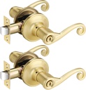 2 Pack Gold Door Handles, Satin Brass Door Handle Privacy Door Lever for Bedroom and Bathroom, Durable Door Hardware, Wave Style Lever Door Handle for Right Hand