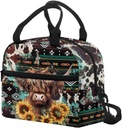 Gomyblomy Sunflower Highland Cow Lunch Bag for Women Aztec Design Lunch Box Insulated Bento Bag Reusable Thermal Cooler Tote Bags with Removable Strap and Pockets for Work Camping