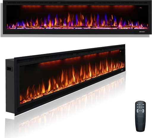 [BRSW2AYYAQIRUDL3] Electric Fireplace 74 inch, Recessed Wall Mounted Fireplace Heater, Slim Frame w/Multicolor Flame Combinations, Logs & Crystals, Smart &Remote Control, 1500W, Black