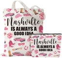 Nashville Travel Tote Bag & Makeup Bag - Pink, Medium (14" x 16" x 1") - Unisex Adult