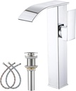 Chrome Bathroom Vessel Faucet Waterfall Spout Single Hole One Handle Deck Mount Bowl Sink Faucets Matching Pop Up Drain Without Overflow Tall Lavatory Vanity Bar Tap Commercial Modern