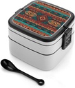 Bento Box Stackable Lunch Box with 2 Compartments Leak-Proof Food Storage Containers Ethnic Geometric Pattern Bento Lunch Box for Adults Lunch Containers with Utensil Set