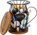Rustic Coffee Pod Holder with Lid, K Cup Pods Holder for Counter, Large Capacity Black Wire Coffee Pod Filter Storage Basket for Keuring Espresso Capsule, Wooden Base